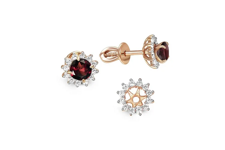 Серьги-пусеты из красного золота с 2 гранатами и 24 фианитами