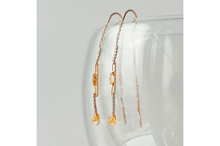 Серьги-продёвки из красного золота с 4 цитринами и 20 фианитами