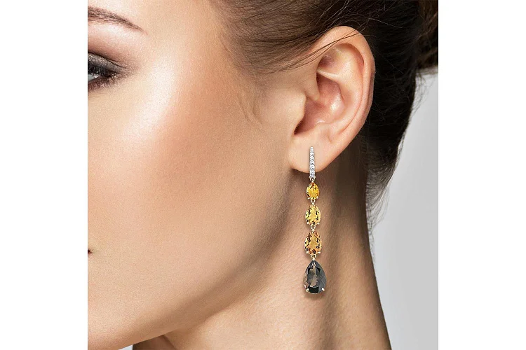 Серьги из жёлтого золота с раухтопазами, цитринами и фианитами