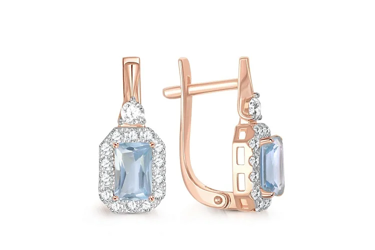 Серьги из красного золота с 2 топазами sky и 30 фианитами