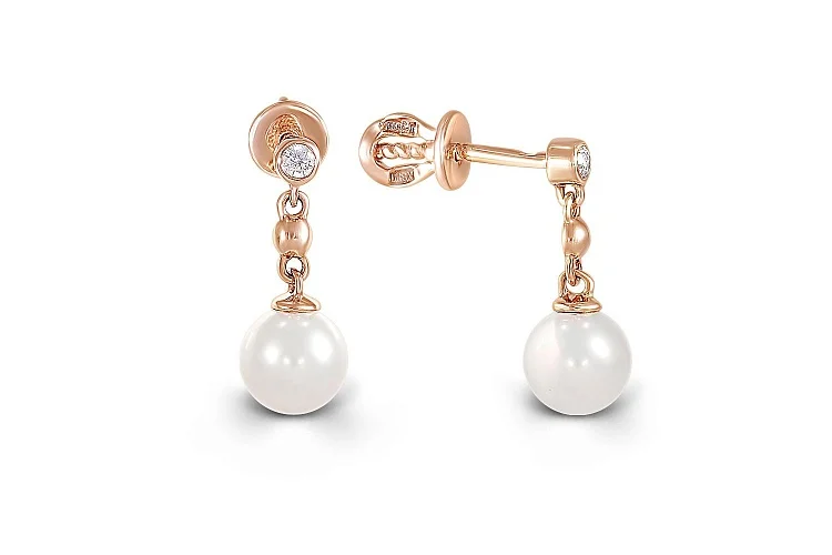 Серьги-пусеты из красного золота с 2 жемчужинами и 2 фианитами
