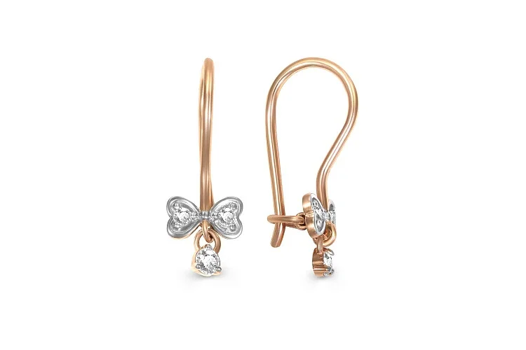 Детские серьги Бантики из красного золота с 6 фианитами