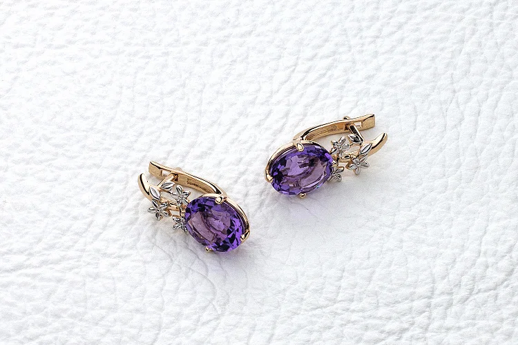 Серьги Цветы из красного золота с 2 аметистами