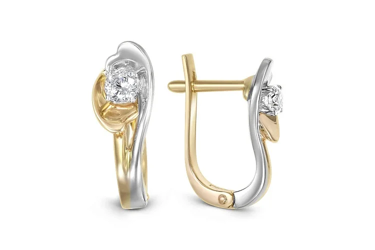 Серьги Цветы из жёлтого золота с 2 фианитами