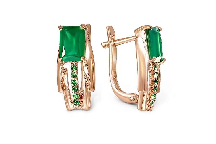 Серьги из красного золота с 2 агатами и 12 фианитами