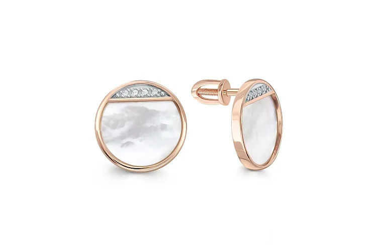 Серьги-пусеты Круги из красного золота с перламутром и 8 фианитами