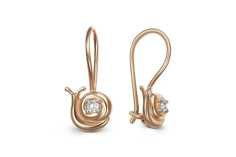 Детские серьги Улитка из красного золота с 2 фианитами