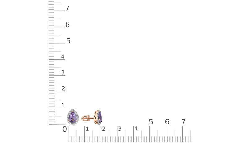 Серьги-пусеты из красного золота с 2 аметистами и 46 фианитами
