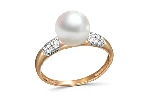 Кольцо из красного золота с жемчугом и 18 фианитами
