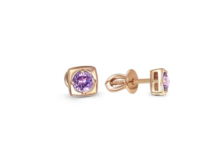 Серьги-пусеты Квадраты из красного золота с 2 аметистами