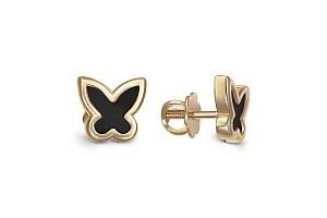 Детские серьги-пусеты Бабочки из жёлтого золота с 2 ониксами