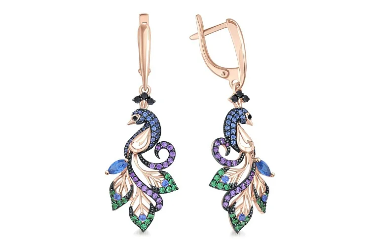 Серьги Птицы из красного золота с 126 фианитами