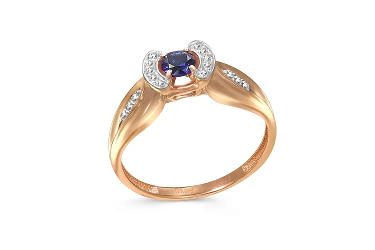 Кольцо из красного золота с корундом и 16 фианитами