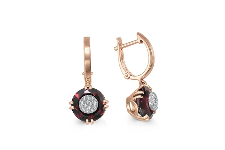 Серьги из красного золота с 2 гранатами и 28 бриллиантами