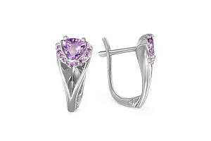 Серьги из белого золота с 2 аметистами и 22 фианитами