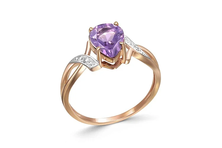 Кольцо из красного золота с аметистом и 6 фианитами