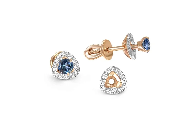 Серьги-пусеты из красного золота с 2 топазами лондон и 24 фианитами