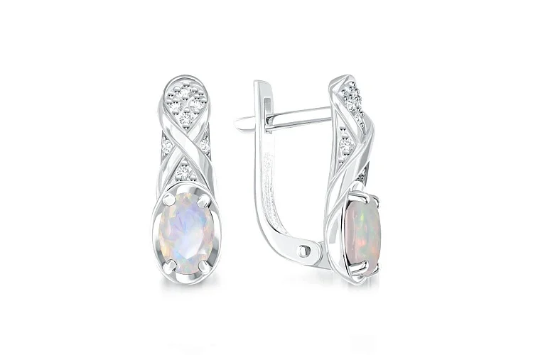 Серьги из белого золота с 2 опалами и 14 фианитами