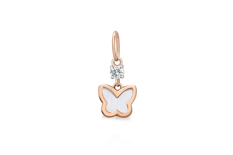 Подвеска Бабочка из красного золота с перламутром и фианитом