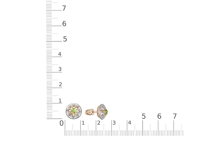 Серьги-пусеты Цветы из красного золота с 2 хризолитами и 16 фианитами