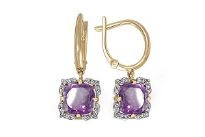 Серьги из жёлтого золота с 2 аметистами и 40 фианитами