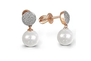 Серьги-пусеты из красного золота с 2 жемчужинами и 62 фианитами