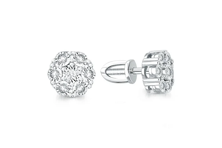 Серьги-пусеты Малинки из белого золота с 14 бриллиантами