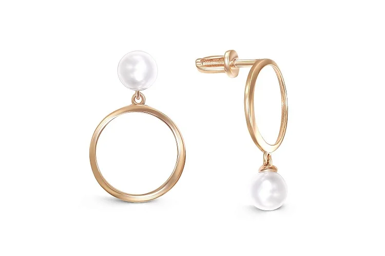 Серьги-пусеты Круги из красного золота с 2 жемчужинами