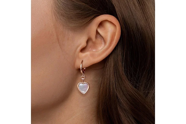 Серьги Сердца из красного золота с перламутром и 2 фианитами