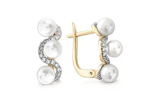 Серьги из жёлтого золота с 6 жемчужинами и 40 фианитами