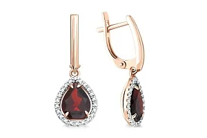 Серьги из красного золота с 2 гранатами и 44 фианитами