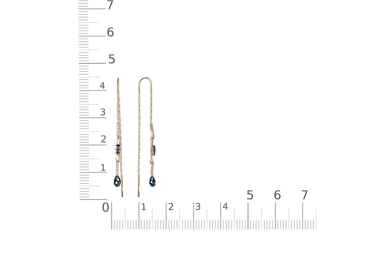 Серьги-продёвки из красного золота с 4 топазами лондон и 20 фианитами