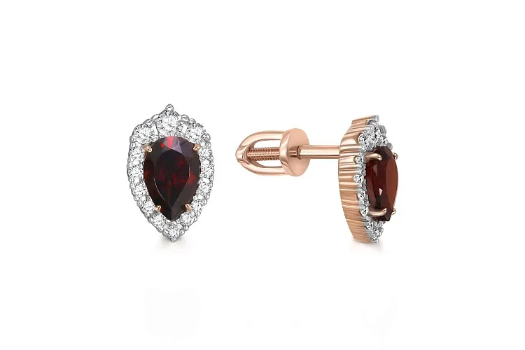 Серьги-пусеты из красного золота с 2 гранатами и 28 фианитами