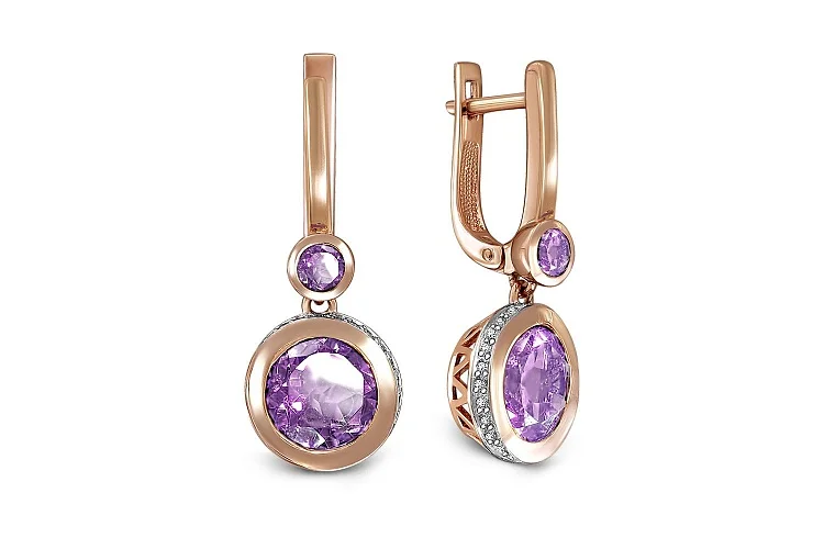 Серьги из красного золота с 4 аметистами и 52 фианитами