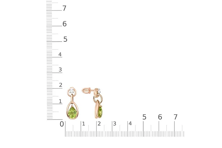 Серьги-пусеты из красного золота с 2 хризолитами и 2 фианитами