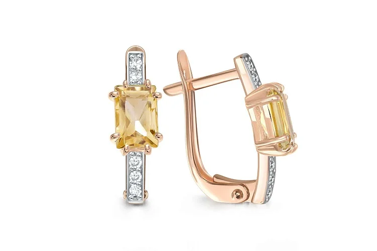Серьги из красного золота с 2 цитринами и 10 фианитами
