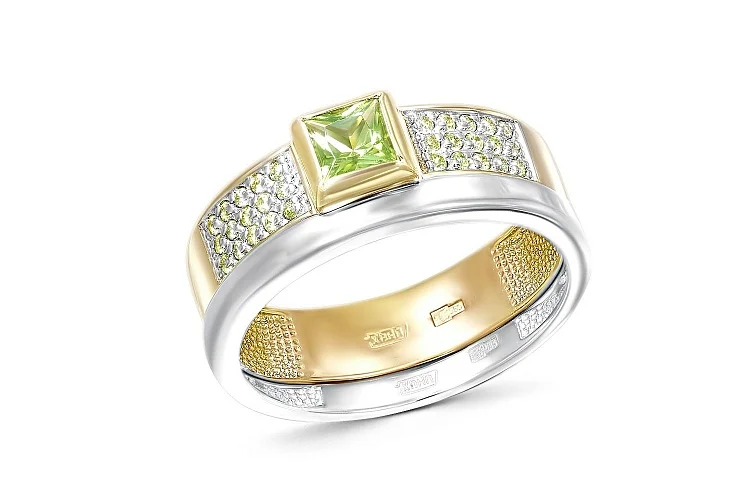 Кольцо из жёлтого золота с хризолитом и 30 фианитами