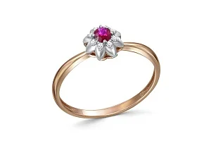 Кольцо Цветок из красного золота с корундом и 8 бриллиантами