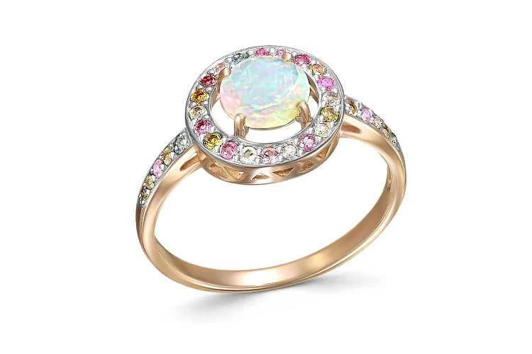 Кольцо из красного золота с опалом и 30 турмалинами