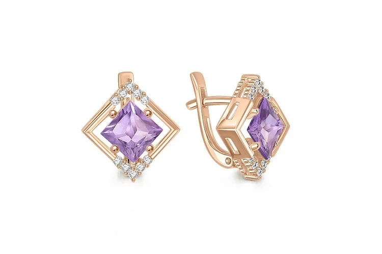 Серьги Квадраты из красного золота с 2 аметистами и 20 фианитами
