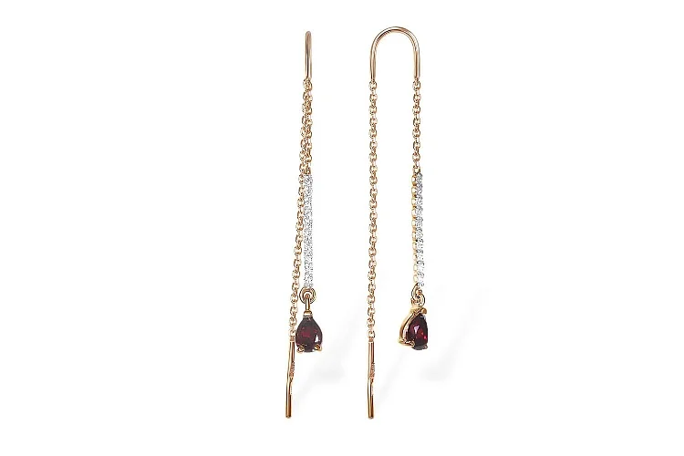 Серьги-продёвки Дорожки из красного золота с 2 гранатами и 20 фианитами