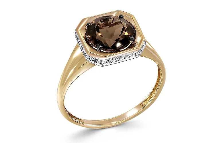 Кольцо из жёлтого золота с раухтопазом и 28 фианитами