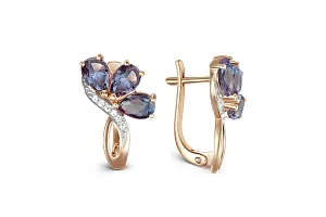 Серьги Цветы из красного золота с 6 александритами и 12 фианитами