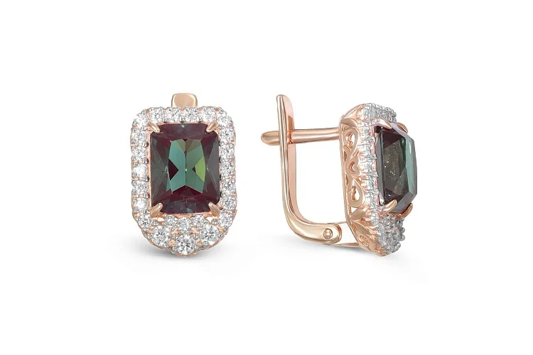 Серьги из красного золота с 2 александритами и 48 фианитами