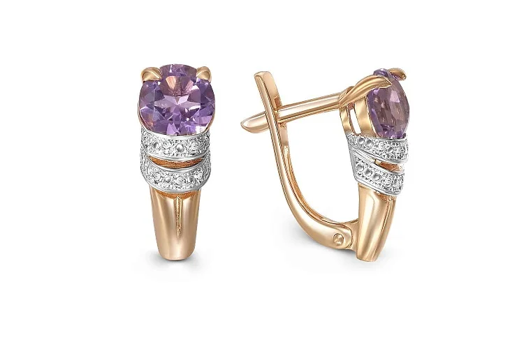 Серьги из красного золота с 2 аметистами и 14 фианитами
