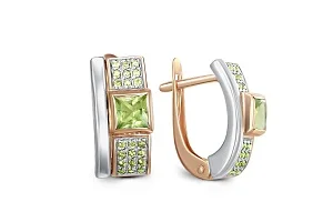 Серьги из красного золота с 2 хризолитами и 42 фианитами