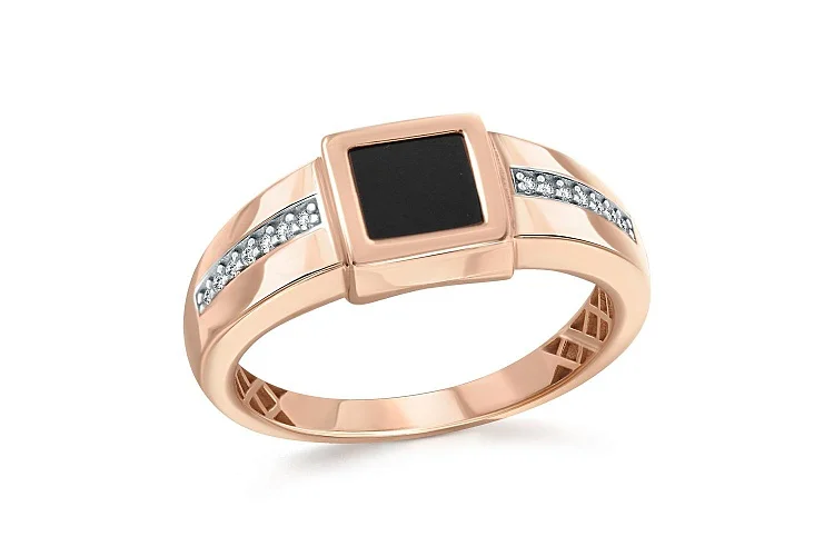 Печатка из красного золота с ониксом и 14 фианитами