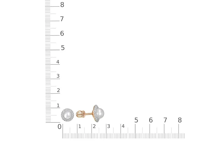 Серьги-пусеты из красного золота с 2 жемчужинами и 88 фианитами