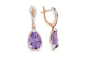 Серьги из красного золота с 2 аметистами и 64 фианитами