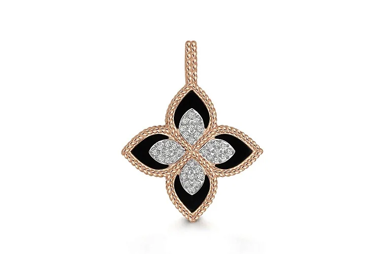 Подвеска Клевер из красного золота с ониксом и 36 фианитами